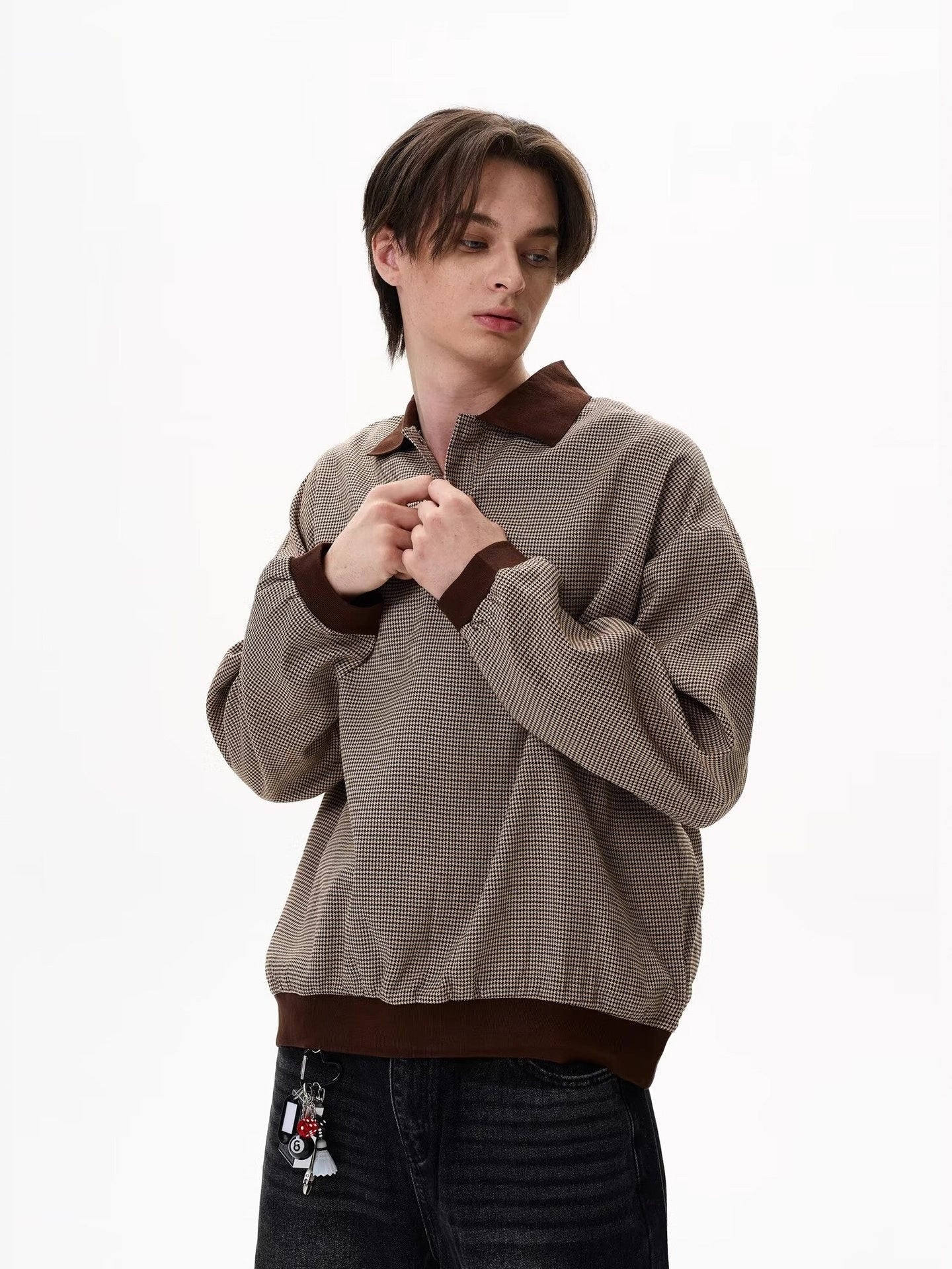 Plaid Color-blocked Collar Lapel Sweatshirts - Image 2