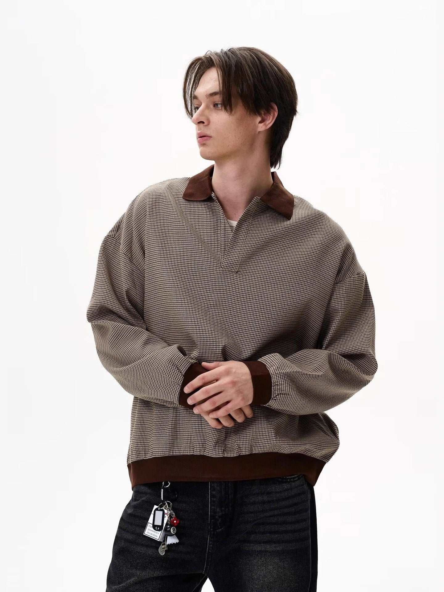 Plaid Color-blocked Collar Lapel Sweatshirts - Image 4