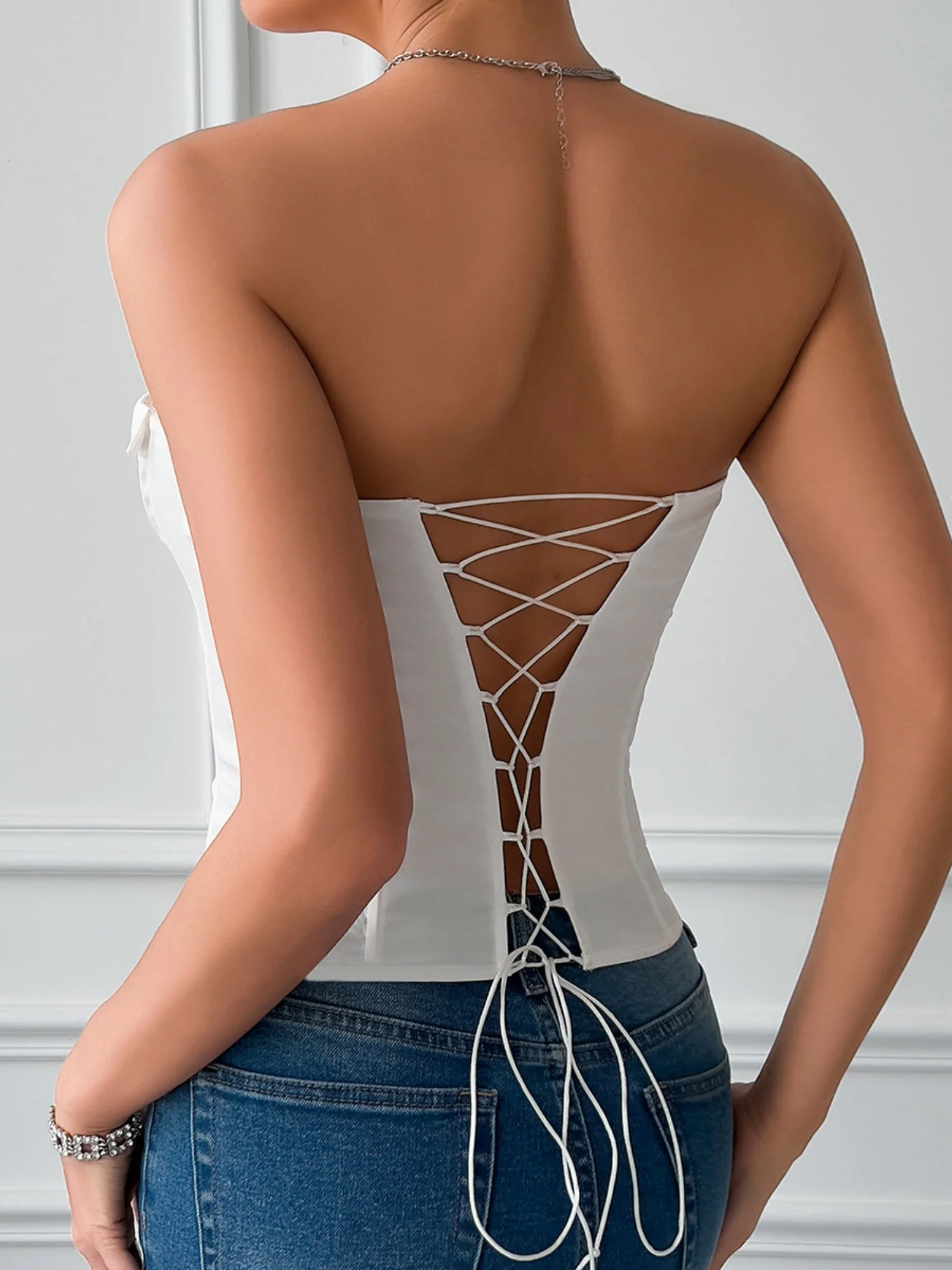 Ties Fish Bones Lace Up Steel Ring Tank Tops - Image 2