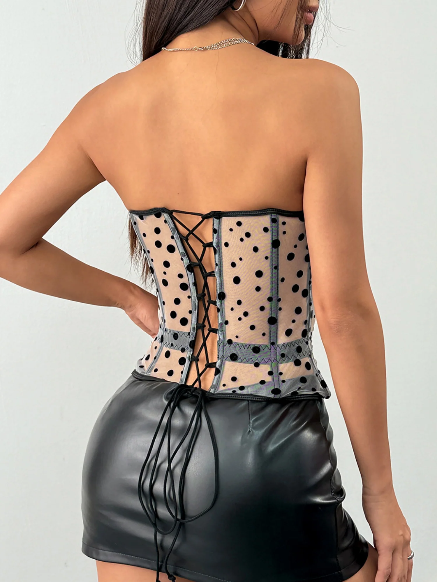 Polka Dots Fish Bones Lace Up Waist Shaping Bustier Tank Tops - Image 11