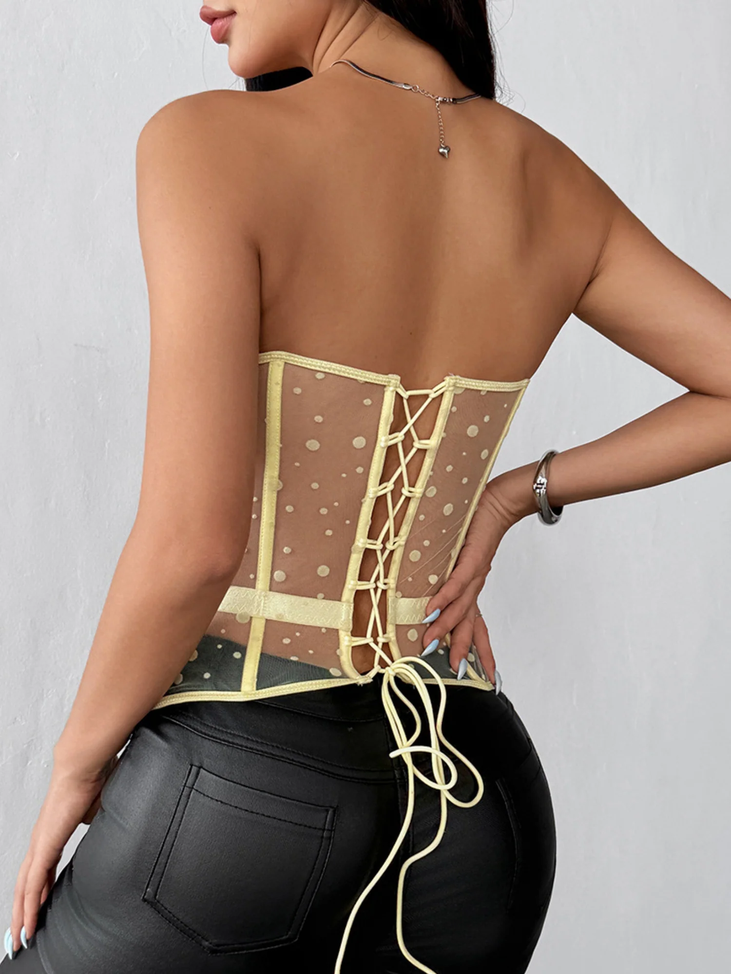Polka Dots Fish Bones Lace Up Waist Shaping Bustier Tank Tops - Image 5