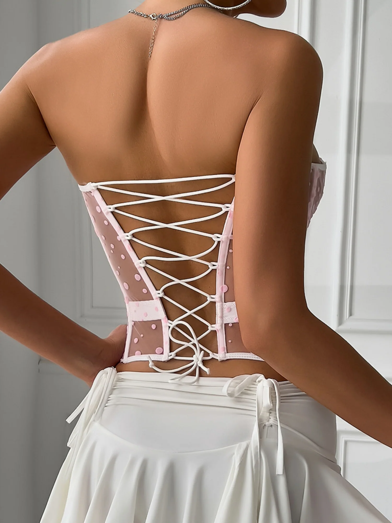 Polka Dots Fish Bones Lace Up Waist Shaping Bustier Tank Tops - Image 8