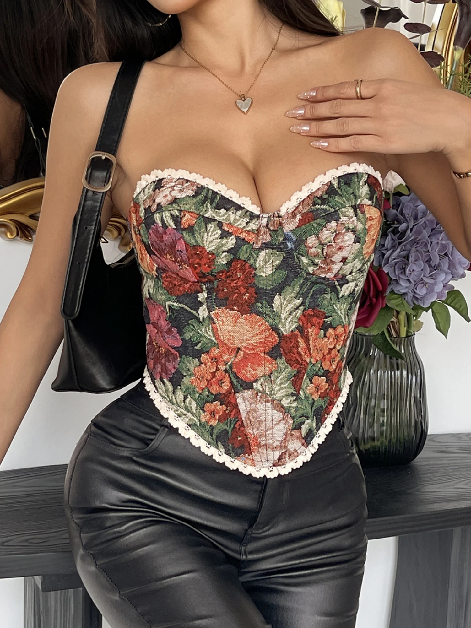 Floral Print Strapless Lace Tethered Fish Bones Strapless Bra