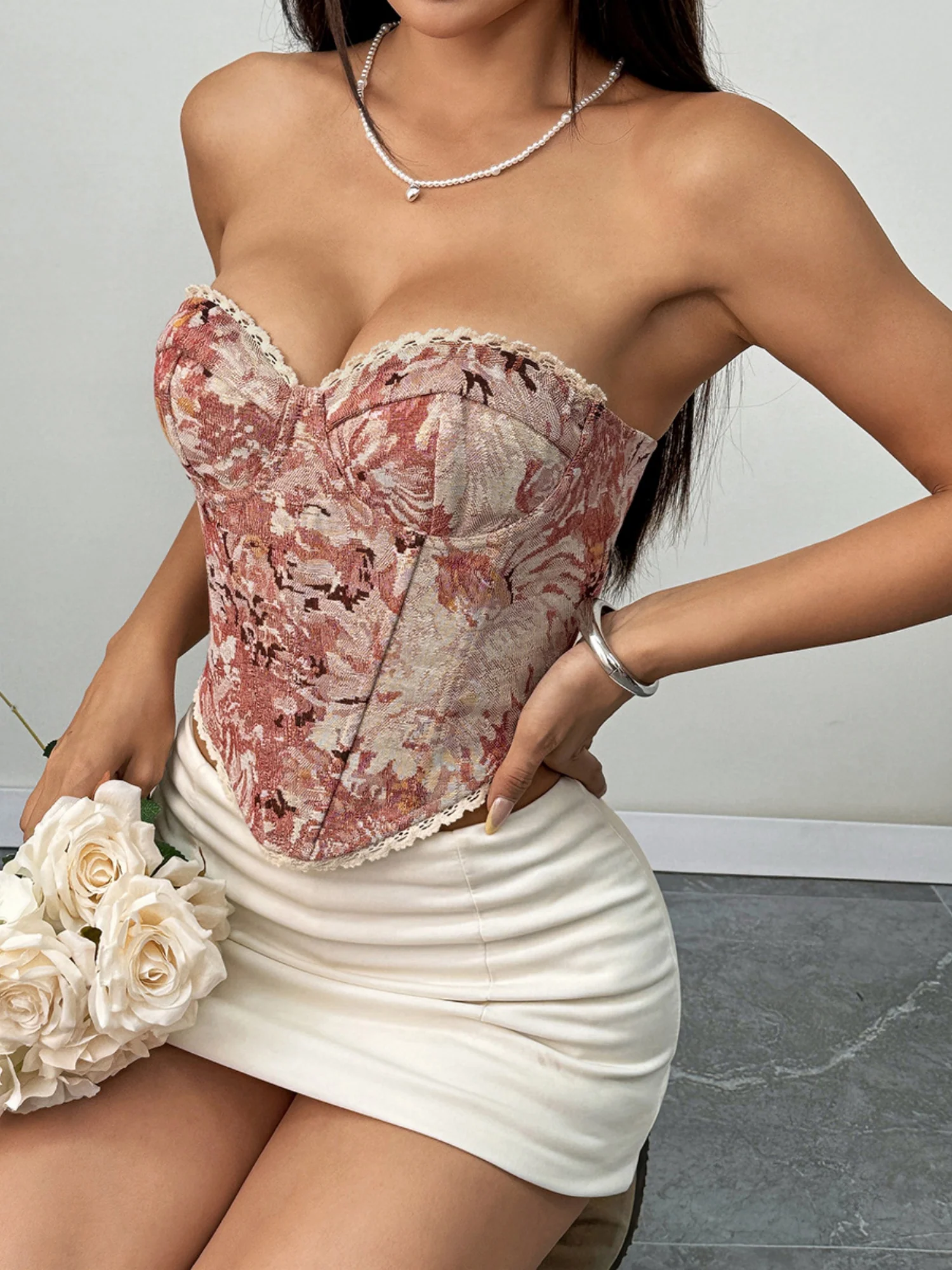 Floral Print Strapless Lace Tethered Fish Bones Strapless Bra - Image 15