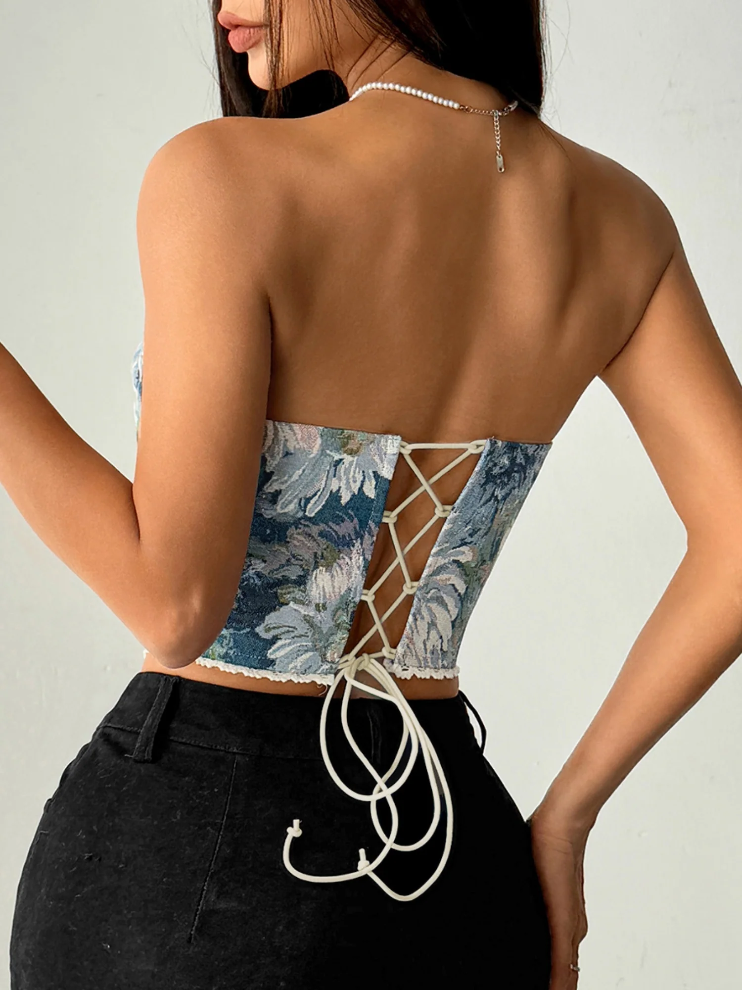 Floral Print Strapless Lace Tethered Fish Bones Strapless Bra - Image 23