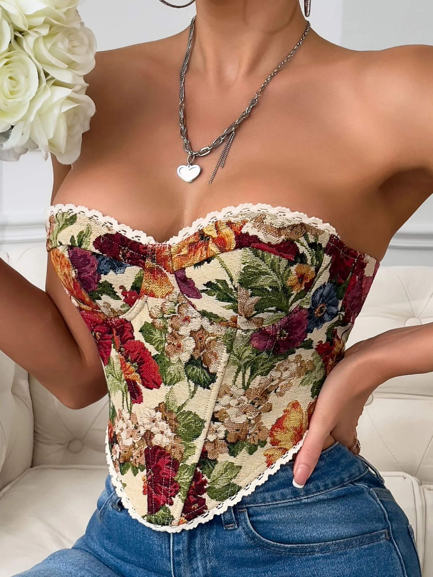 Floral Print Strapless Lace Tethered Fish Bones Strapless Bra - Image 25