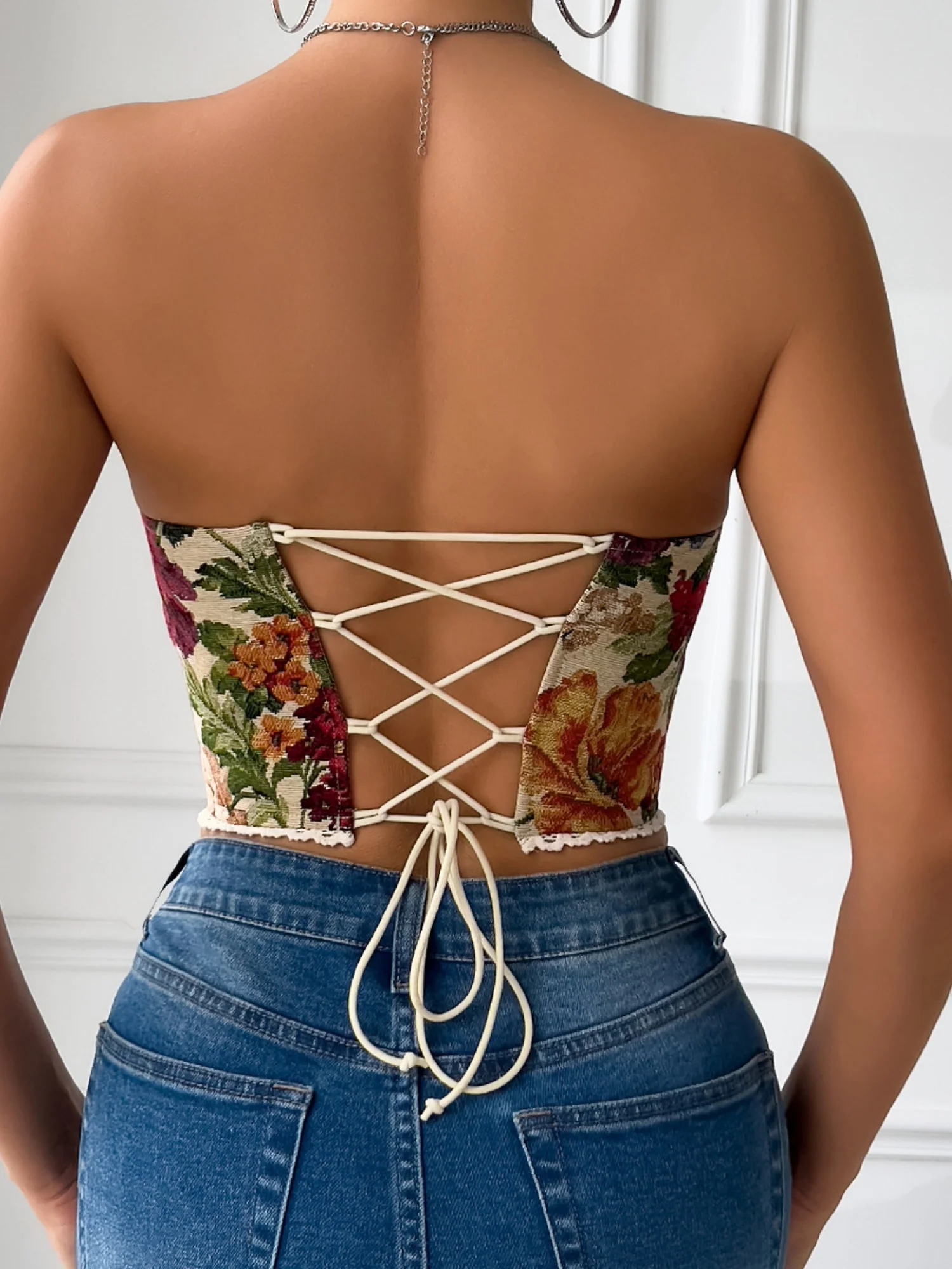 Floral Print Strapless Lace Tethered Fish Bones Strapless Bra - Image 26