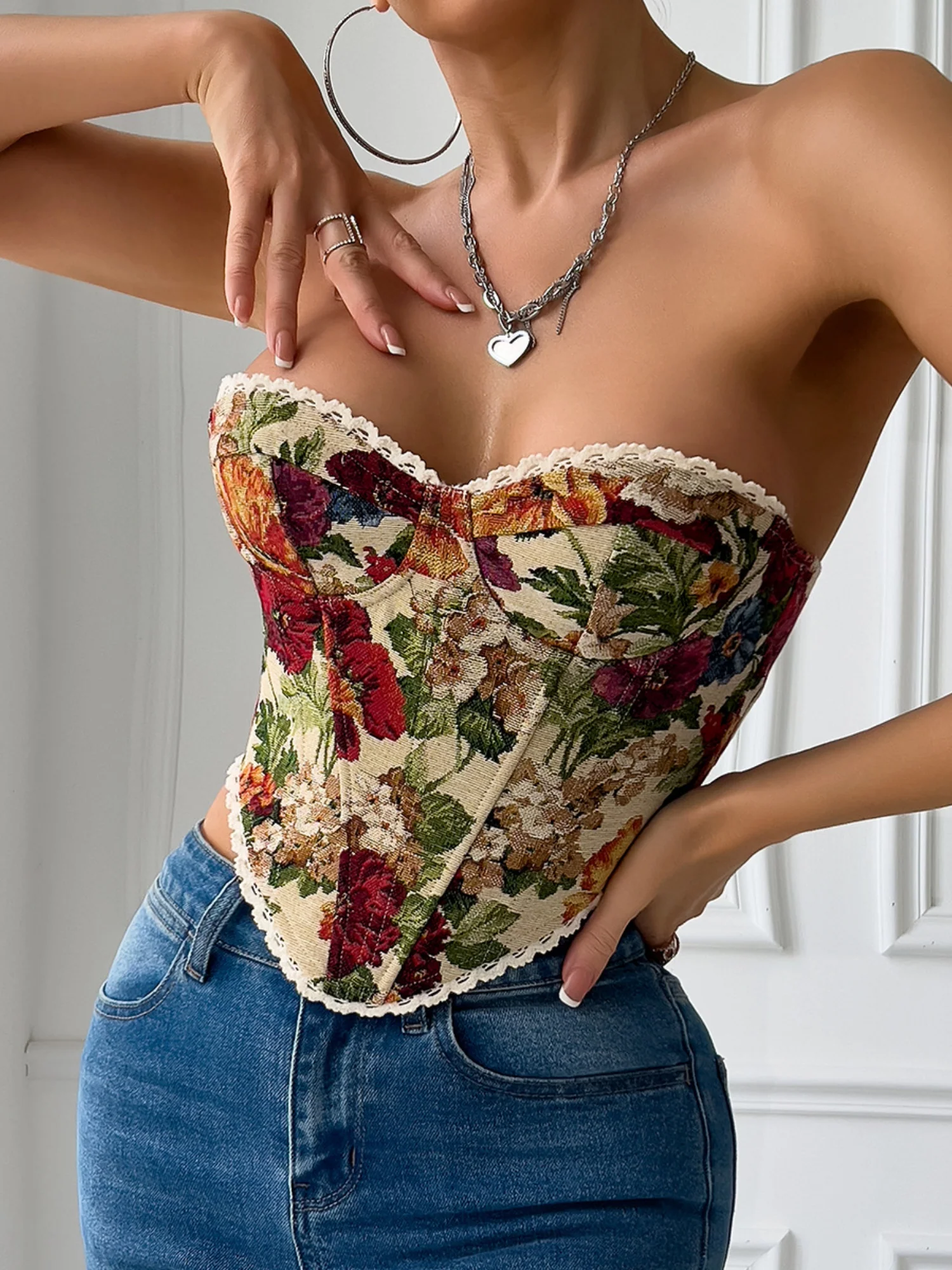 Floral Print Strapless Lace Tethered Fish Bones Strapless Bra - Image 27