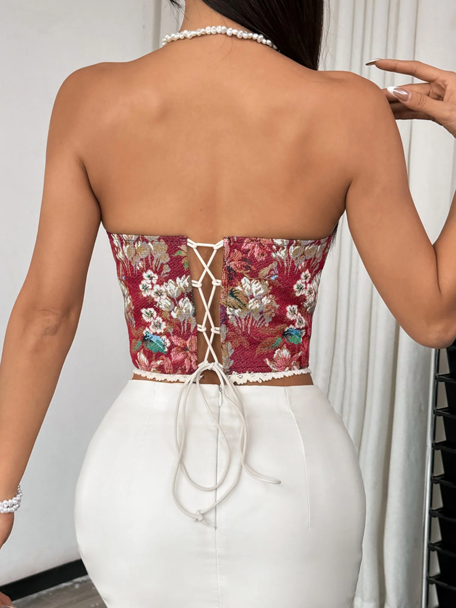 Floral Print Strapless Lace Tethered Fish Bones Strapless Bra - Image 5
