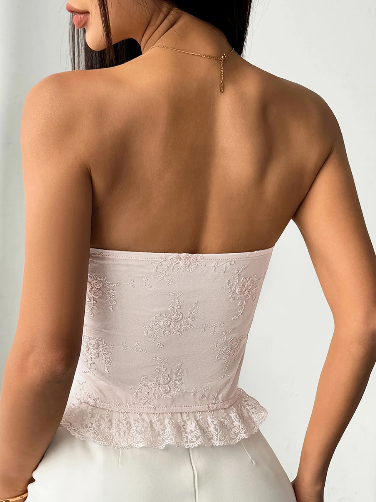 3D Flowers Lace Trim Strappy Breastplate Fishbone Strapless Vest - Image 5
