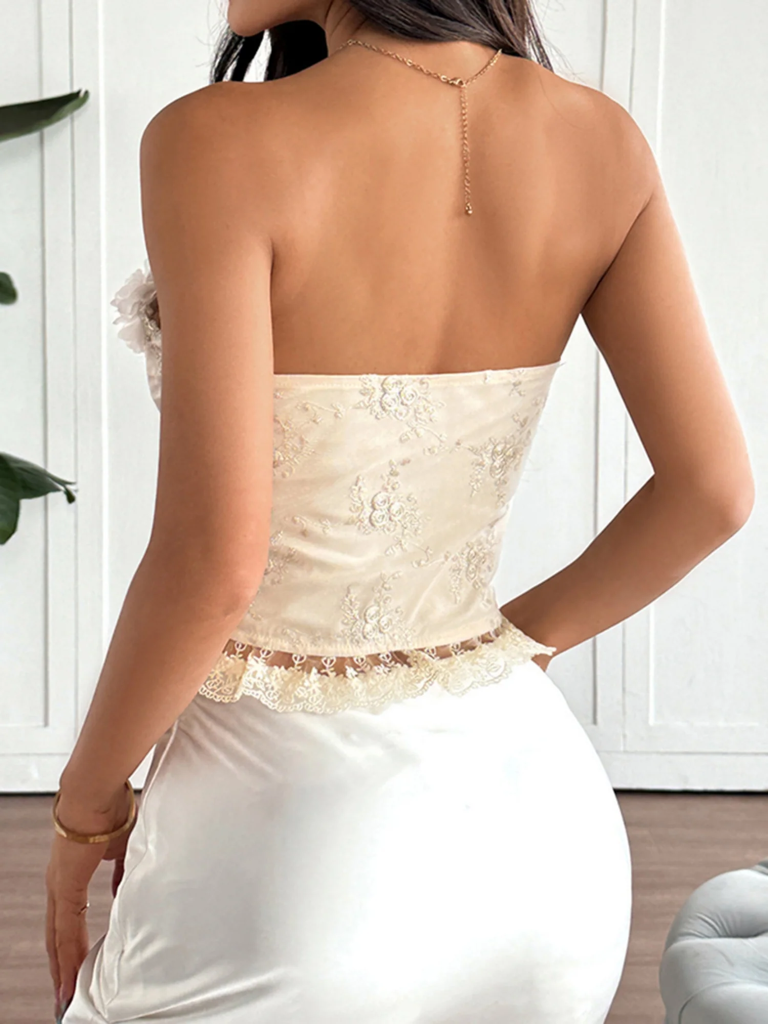 3D Flowers Lace Trim Strappy Breastplate Fishbone Strapless Vest - Image 8