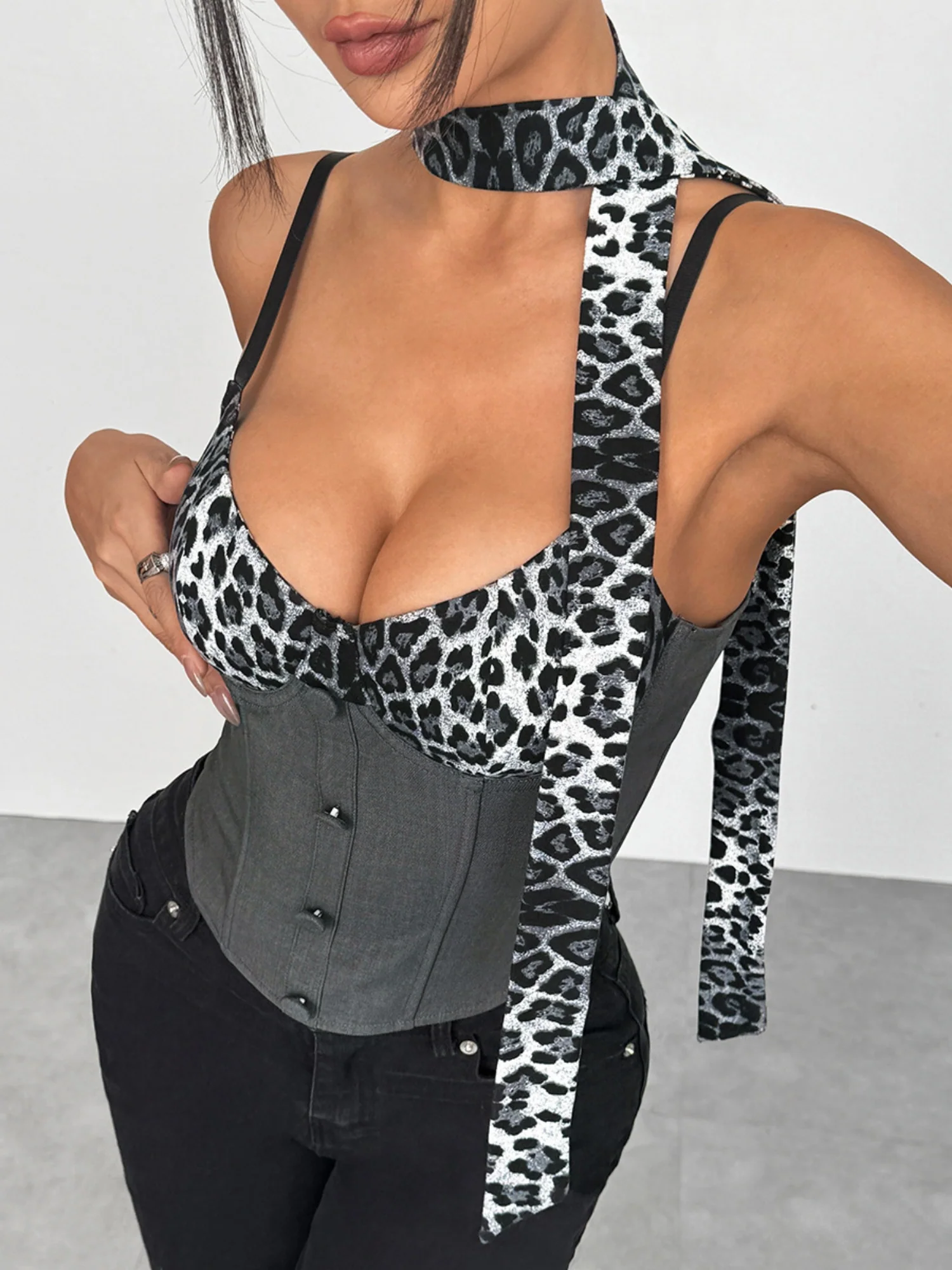 Leopard Print Color Blocking Buttons Fish Bones Tank Tops&Camis - Image 5