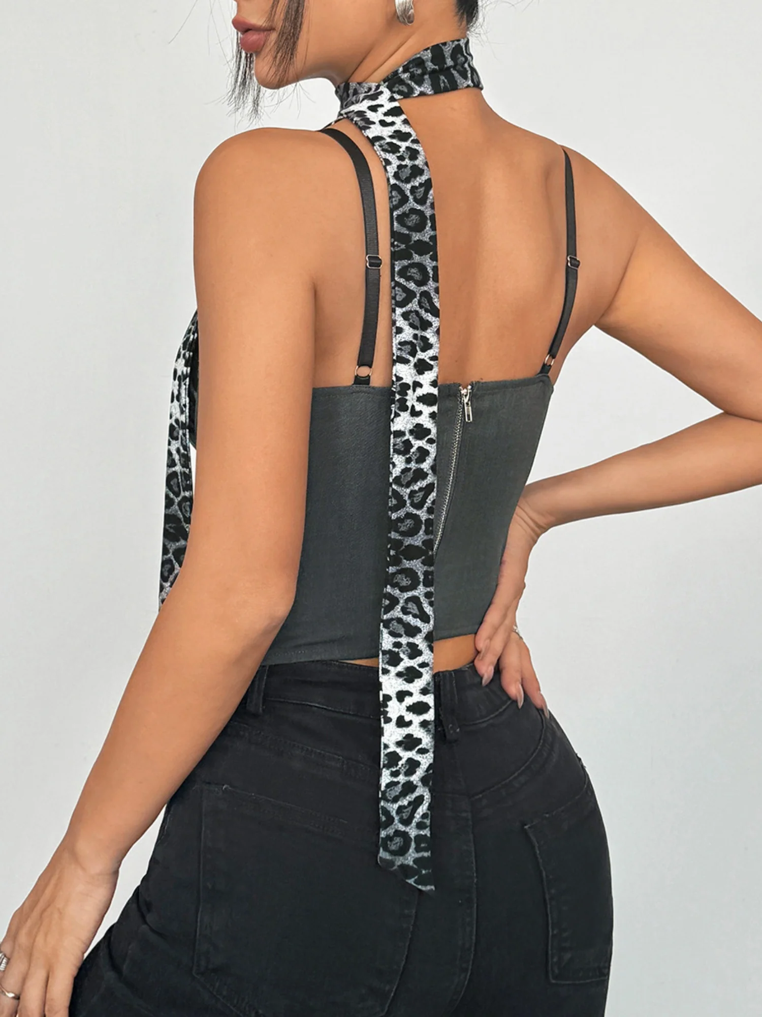 Leopard Print Color Blocking Buttons Fish Bones Tank Tops&Camis - Image 6