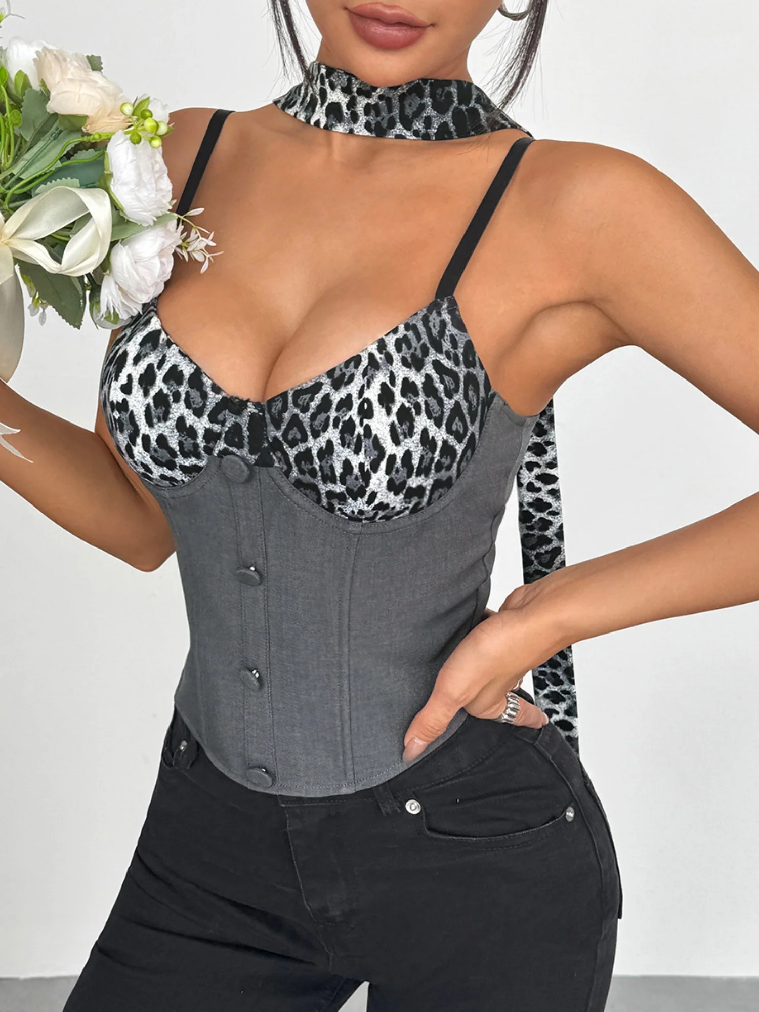 Leopard Print Color Blocking Buttons Fish Bones Tank Tops&Camis - Image 7