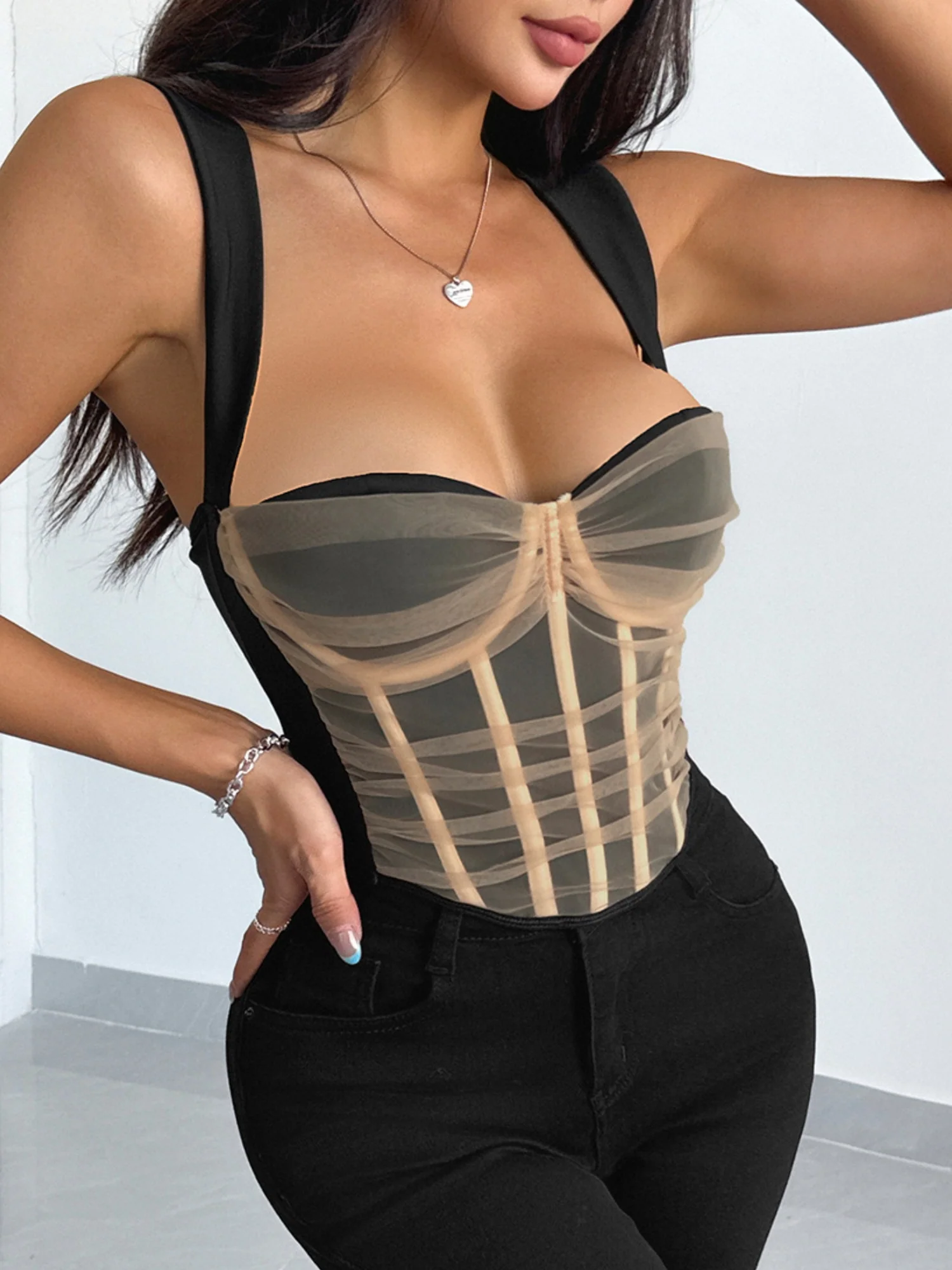 Mesh See-through Color Blocking Cotton Breast Bone Bra - Image 12