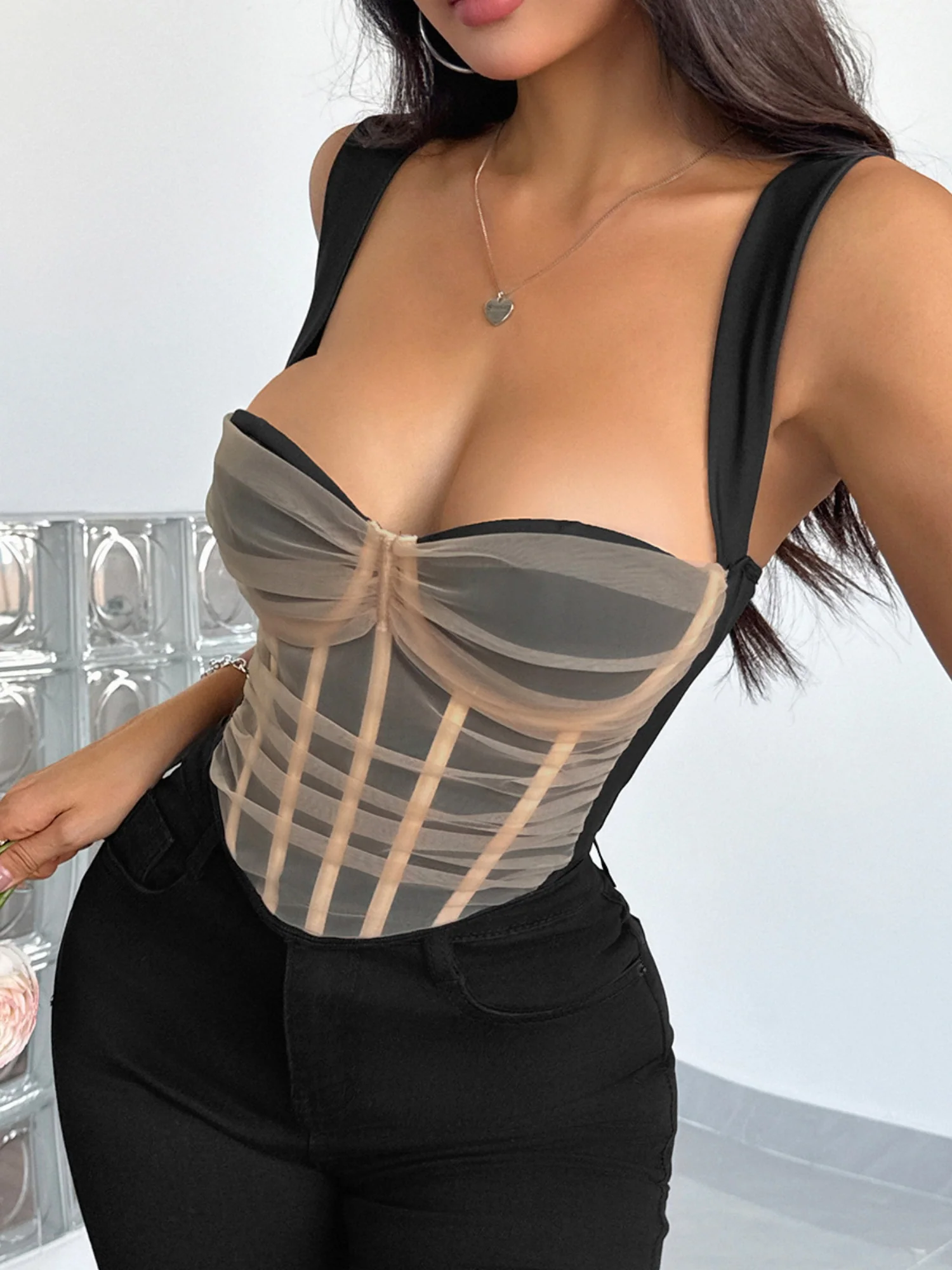 Mesh See-through Color Blocking Cotton Breast Bone Bra - Image 13