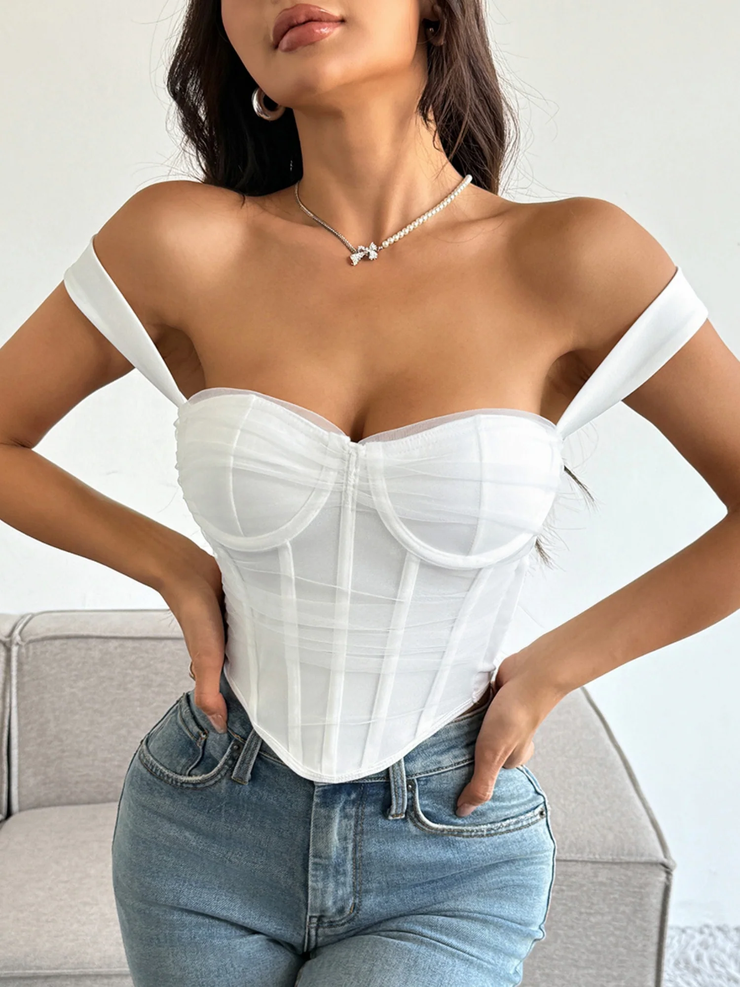 Mesh See-through Color Blocking Cotton Breast Bone Bra - Image 5