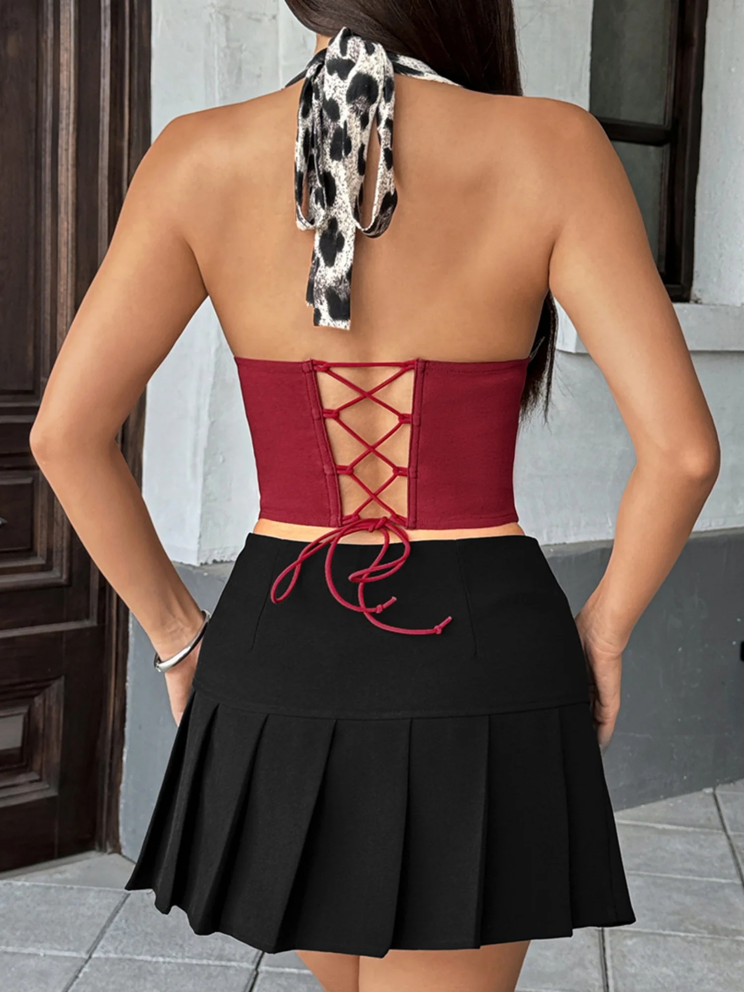 Leopard Print Color Blocking Halter Neck Deep V Buttons Fish Bones Tank Tops&Camis - Image 5