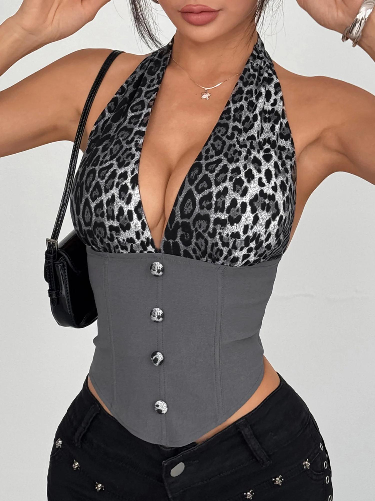 Leopard Print Color Blocking Halter Neck Deep V Buttons Fish Bones Tank Tops&Camis - Image 7