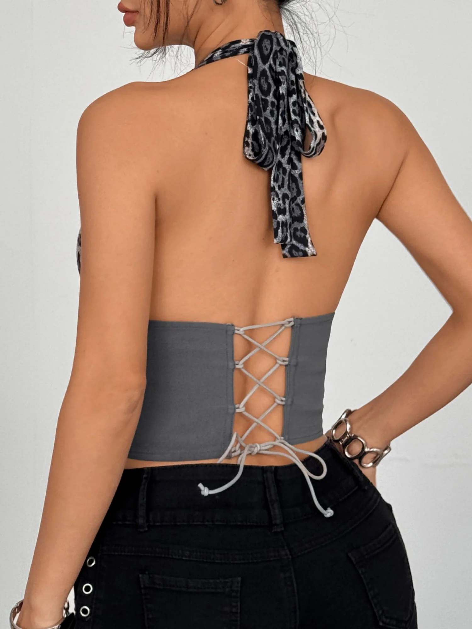 Leopard Print Color Blocking Halter Neck Deep V Buttons Fish Bones Tank Tops&Camis - Image 8