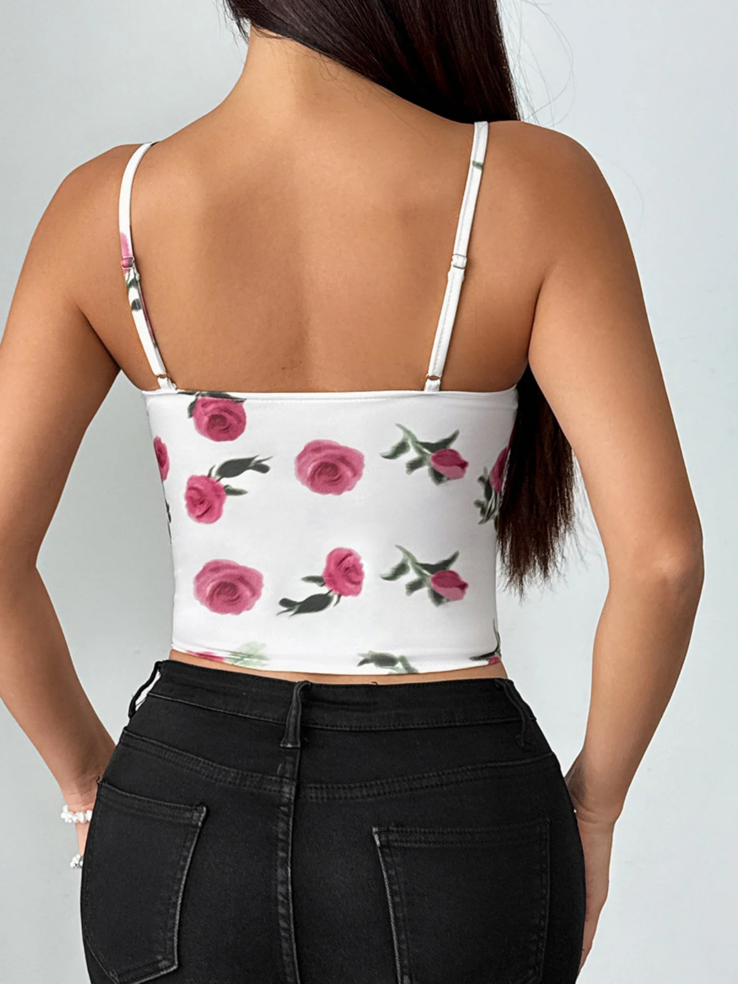Printed Fish Bones Splicing Lace-up Cutout Bra Camisoles - Image 2
