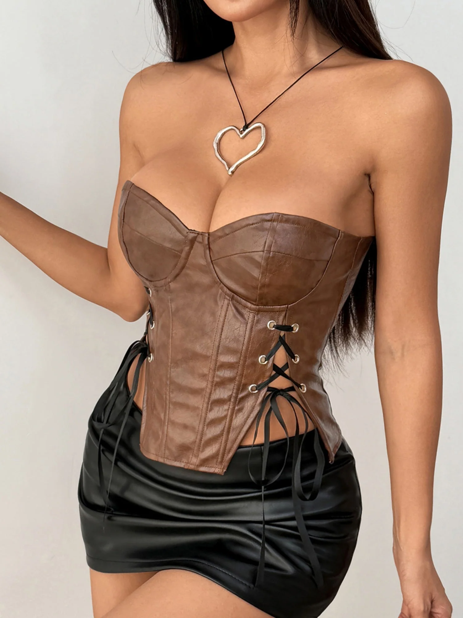 PU Leather Waist-cinching Strapless Top Fishbone Breastband Camis - Image 3