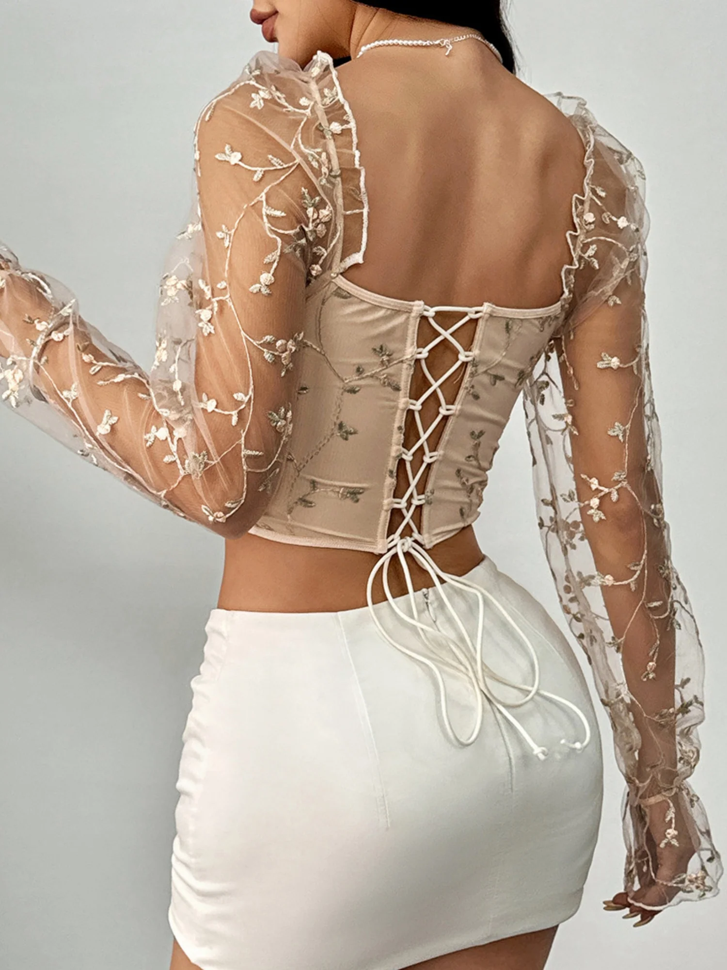 Embroidery Patchwork Sheer Mesh Low-cut Underwire Bob Sweet Long-sleeved Top - Image 11