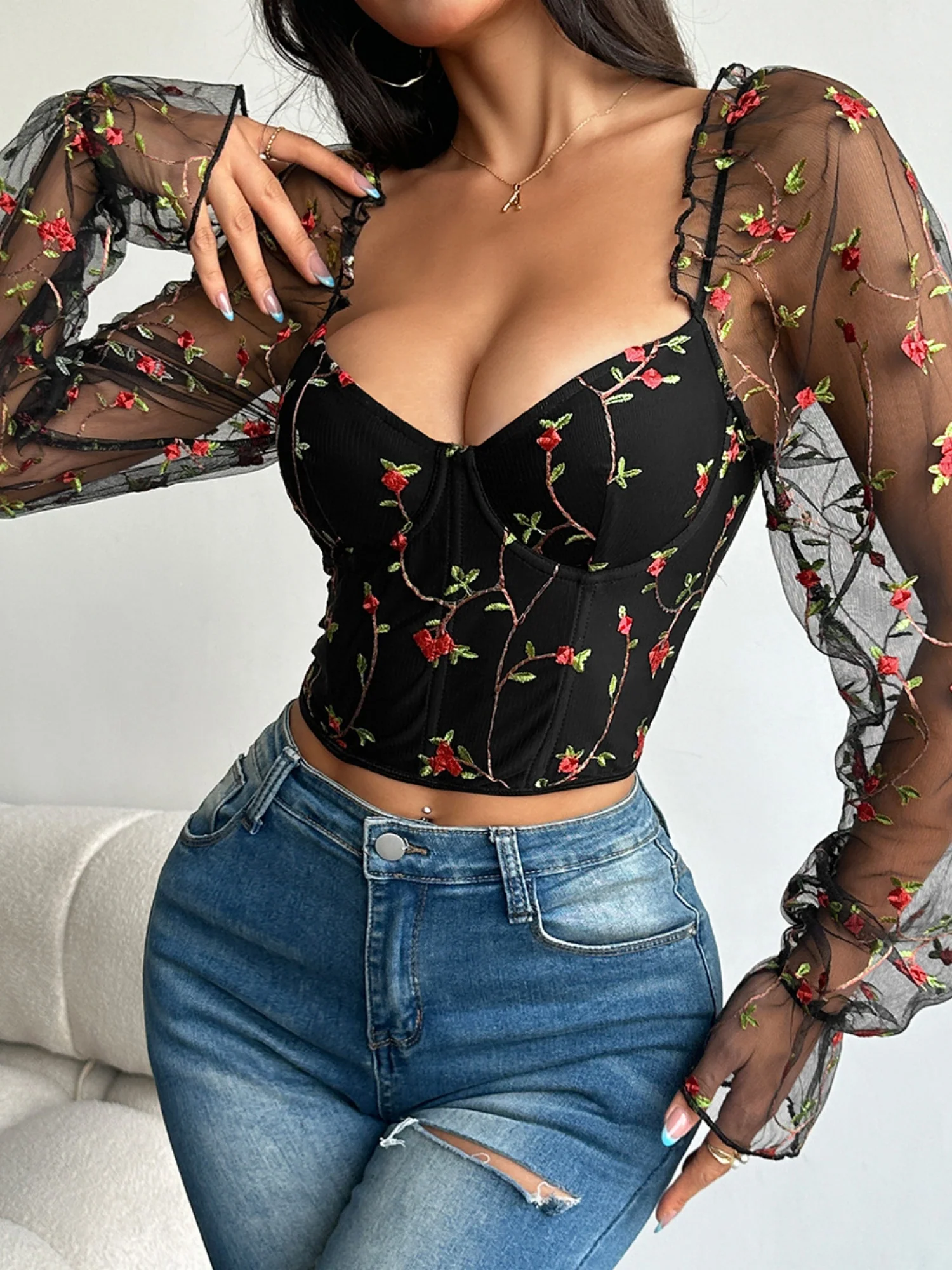 Embroidery Patchwork Sheer Mesh Low-cut Underwire Bob Sweet Long-sleeved Top - Image 14