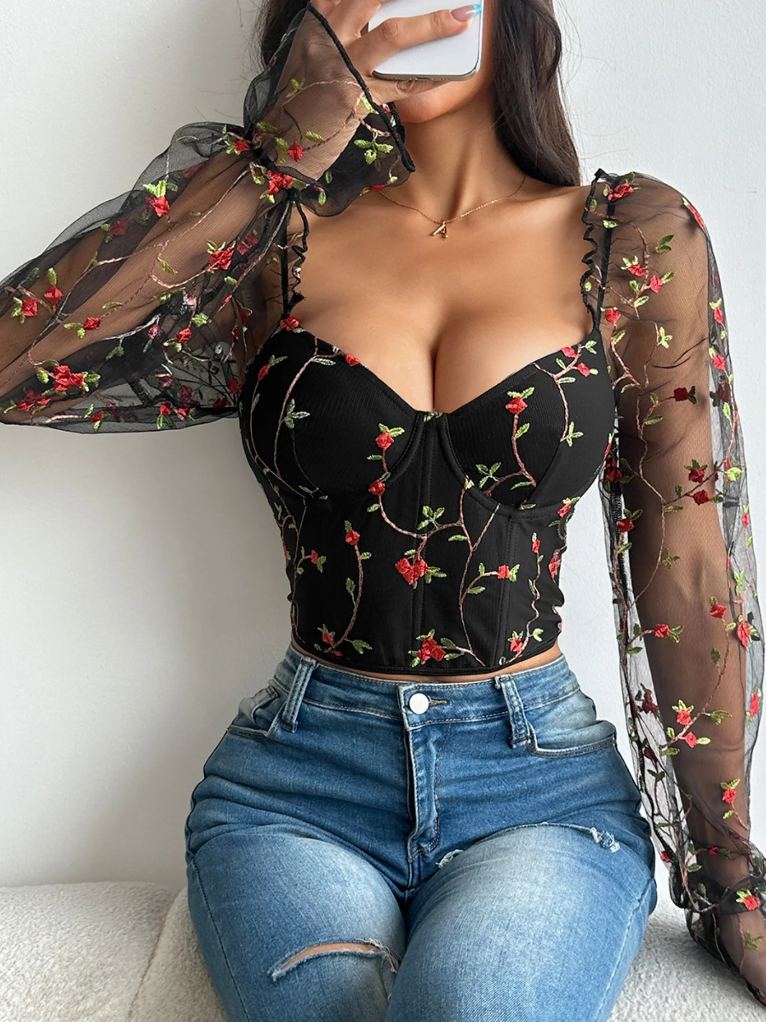 Embroidery Patchwork Sheer Mesh Low-cut Underwire Bob Sweet Long-sleeved Top - Image 16