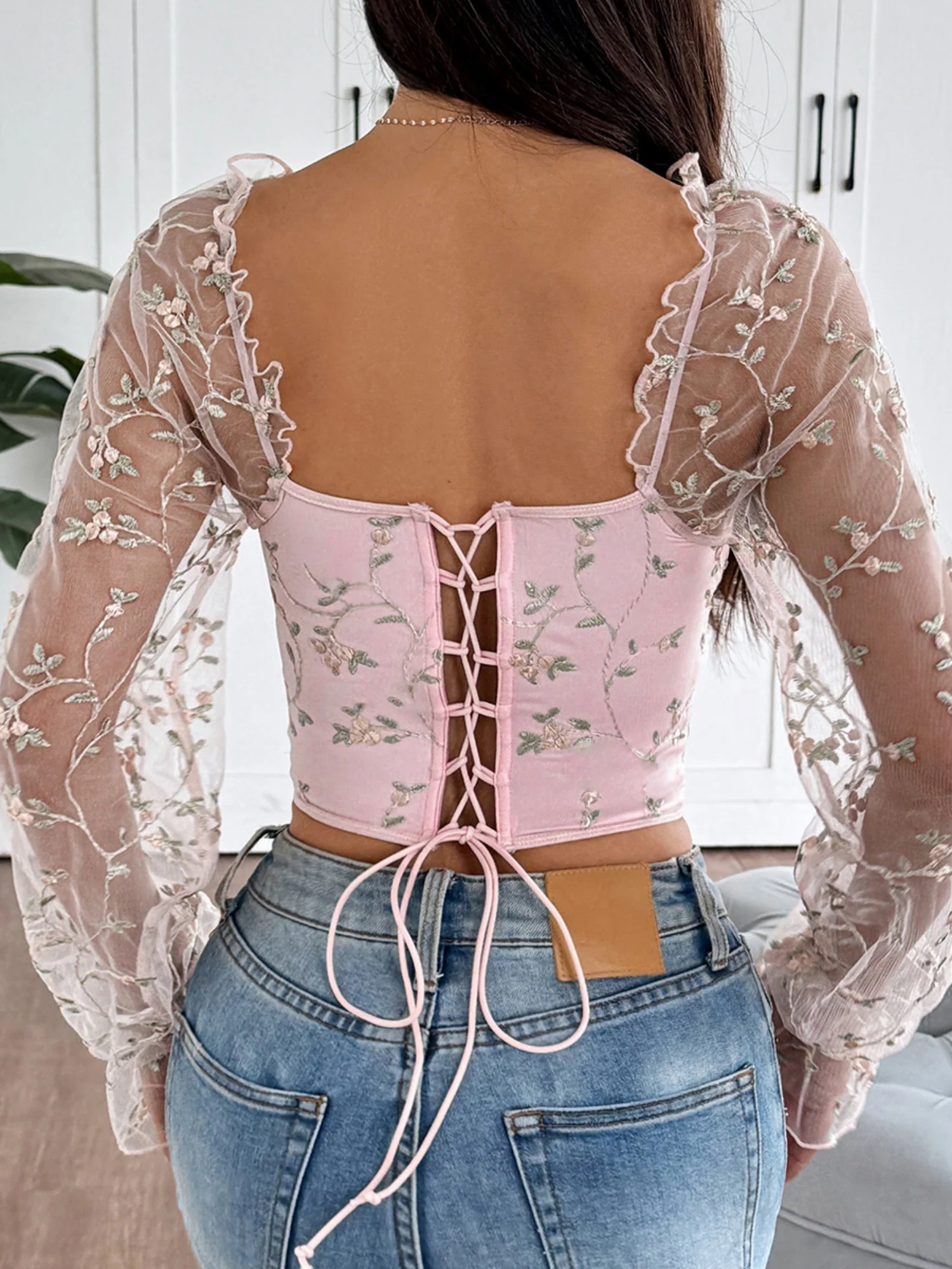 Embroidery Patchwork Sheer Mesh Low-cut Underwire Bob Sweet Long-sleeved Top - Image 2