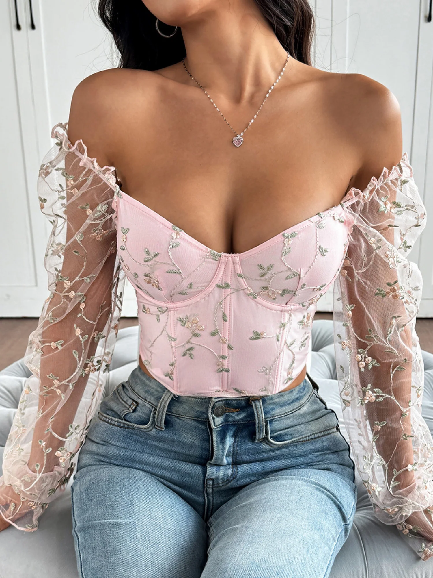 Embroidery Patchwork Sheer Mesh Low-cut Underwire Bob Sweet Long-sleeved Top - Image 3