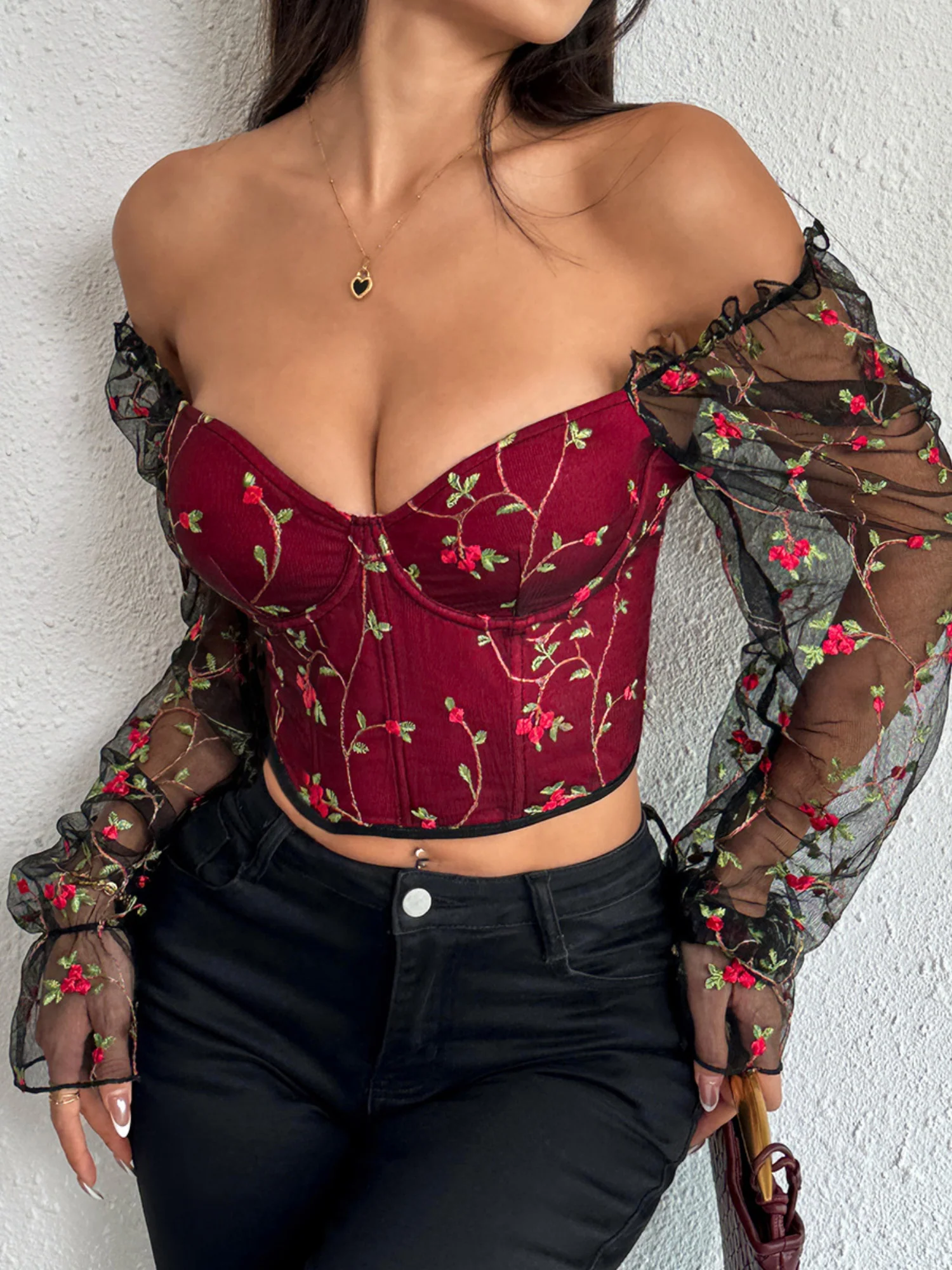 Embroidery Patchwork Sheer Mesh Low-cut Underwire Bob Sweet Long-sleeved Top - Image 6