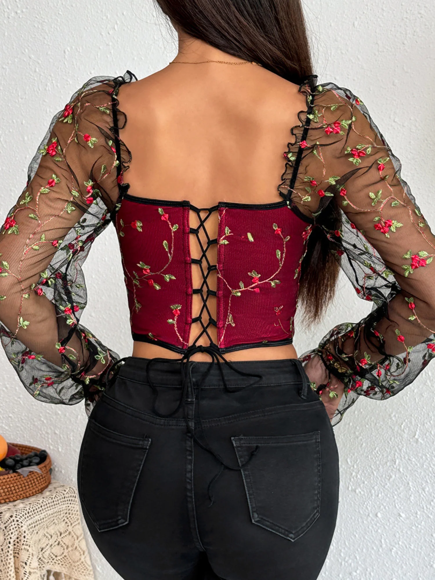 Embroidery Patchwork Sheer Mesh Low-cut Underwire Bob Sweet Long-sleeved Top - Image 7