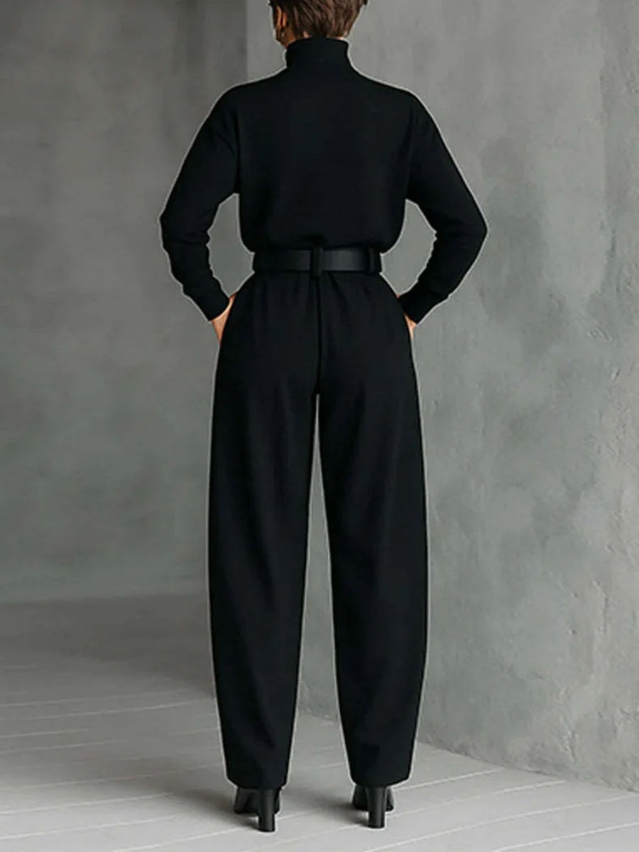Turtleneck Long Sleeve Jacket High Waist With Belt Pants Set - Image 2