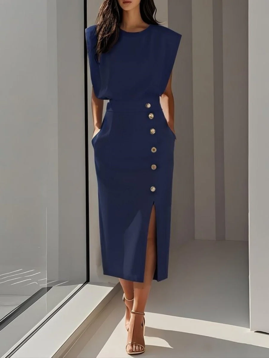 Crew Neck Waist Slit Metal Buttons Sleeveless Midi Dresses - Image 3
