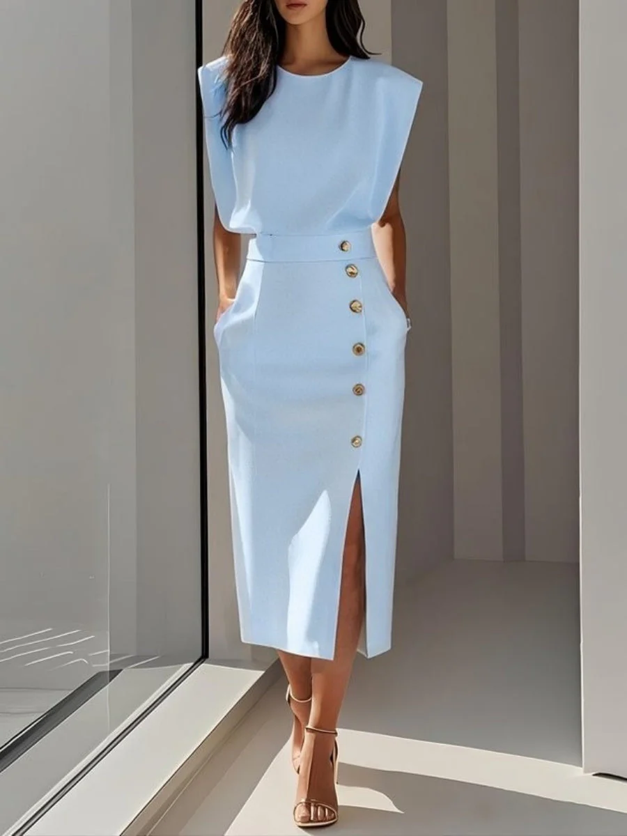Crew Neck Waist Slit Metal Buttons Sleeveless Midi Dresses - Image 5