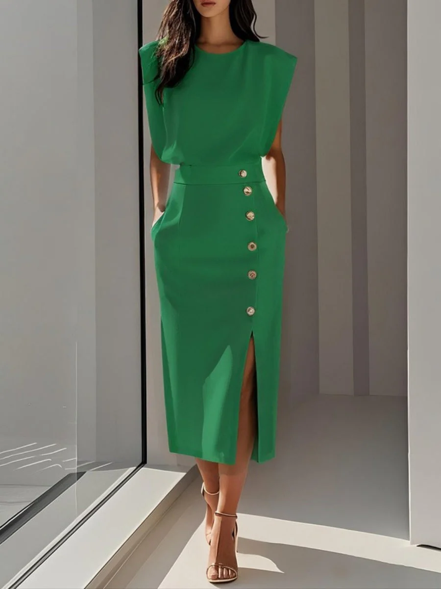 Crew Neck Waist Slit Metal Buttons Sleeveless Midi Dresses - Image 6
