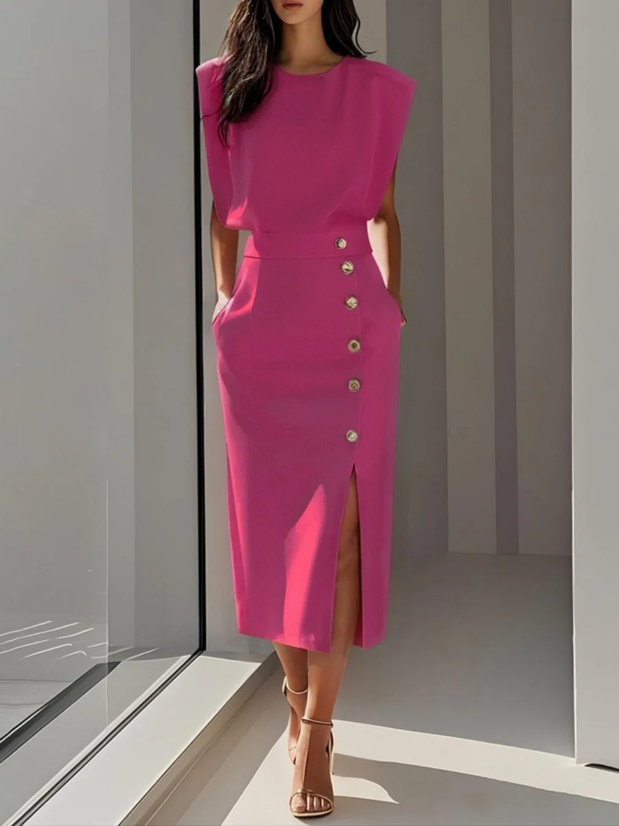 Crew Neck Waist Slit Metal Buttons Sleeveless Midi Dresses - Image 7