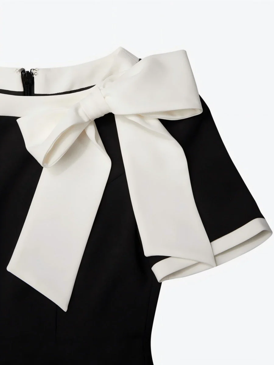 Crew Neck Bow Contrasting Colors Slim Fit Banquet Formal Dress For The Workplace Midi Dresses - Image 2