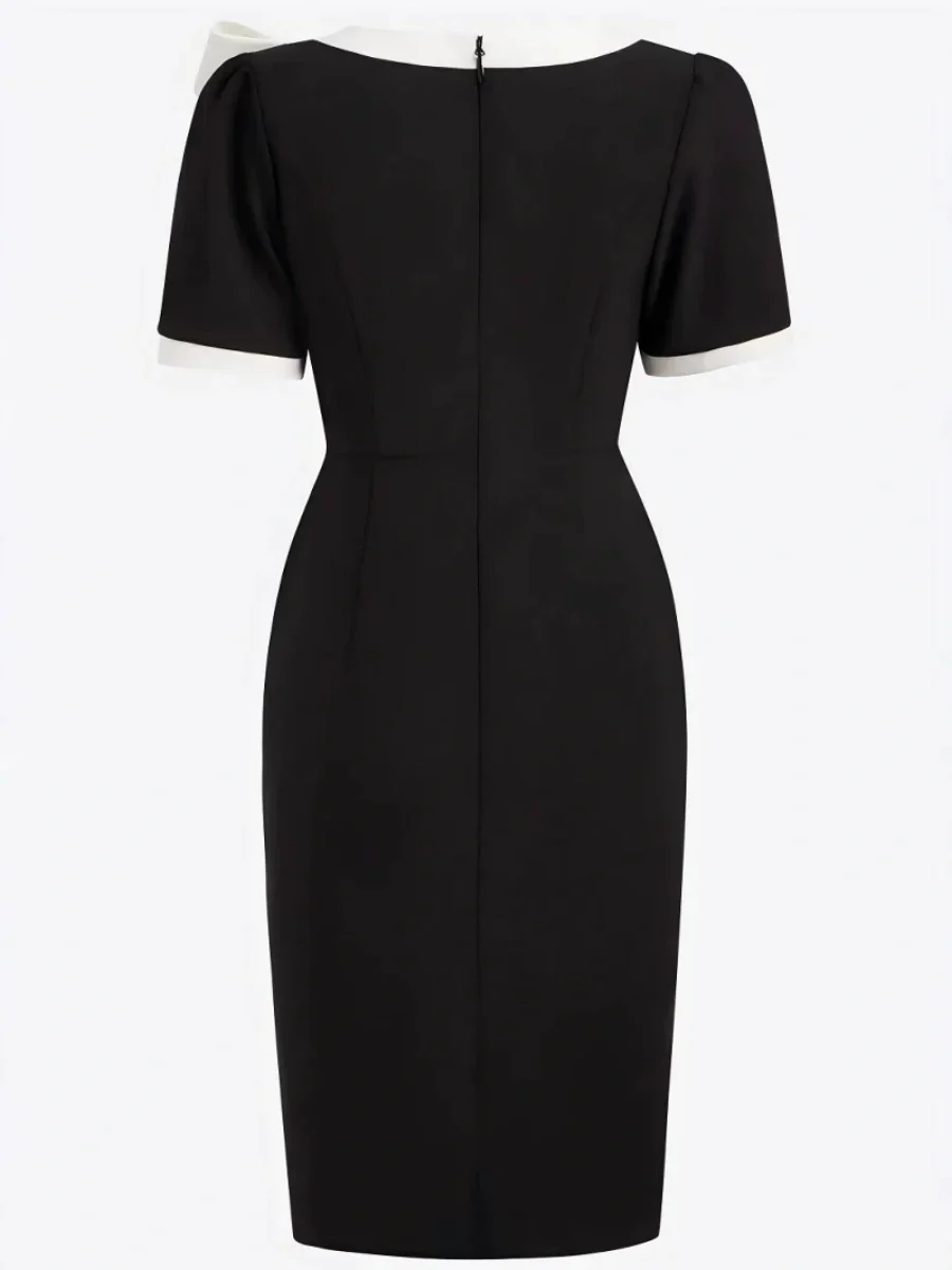 Crew Neck Bow Contrasting Colors Slim Fit Banquet Formal Dress For The Workplace Midi Dresses - Image 4