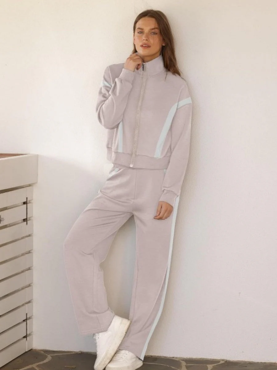 Long Sleeve Coat Stripes Splicing Sports Straight-leg Pants 2-piece Sets - Image 11