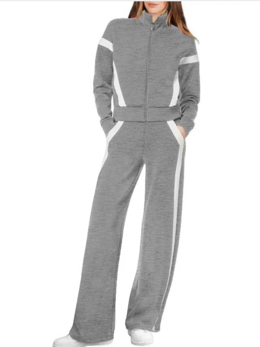 Long Sleeve Coat Stripes Splicing Sports Straight-leg Pants 2-piece Sets - Image 12