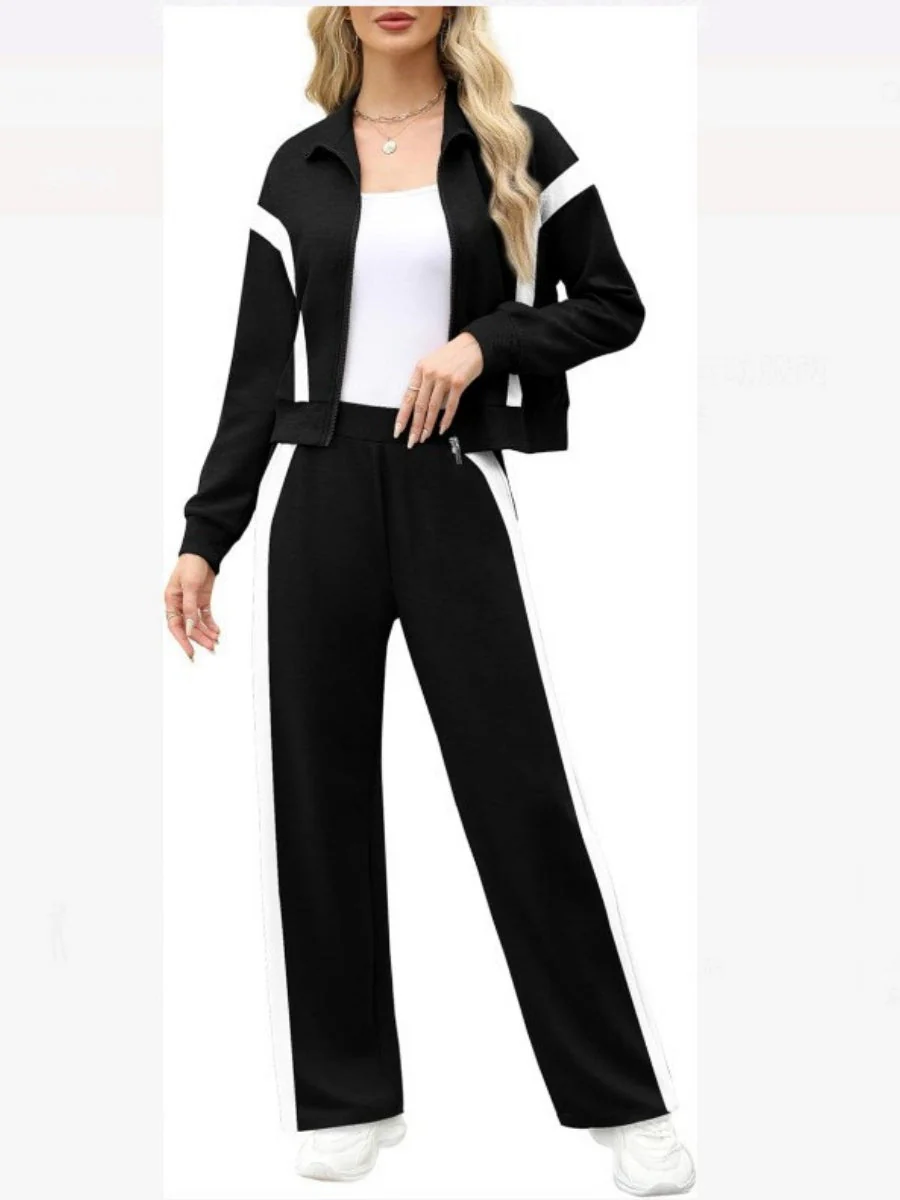 Long Sleeve Coat Stripes Splicing Sports Straight-leg Pants 2-piece Sets - Image 3