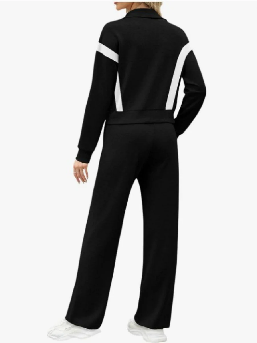 Long Sleeve Coat Stripes Splicing Sports Straight-leg Pants 2-piece Sets - Image 4