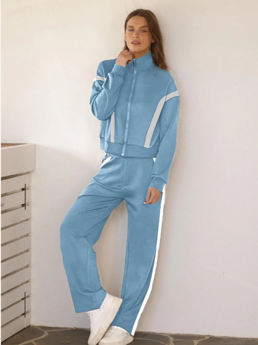 Long Sleeve Coat Stripes Splicing Sports Straight-leg Pants 2-piece Sets - Image 5