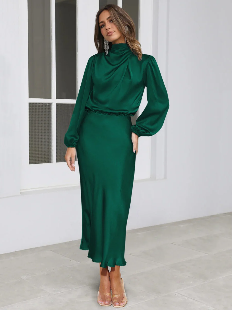 Satin Long Sleeve Zipper Solid Color Maxi Dresses - Image 10
