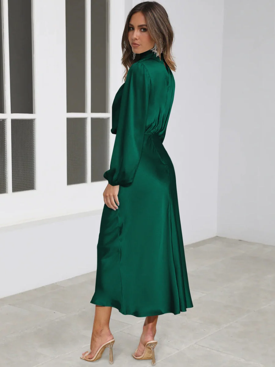 Satin Long Sleeve Zipper Solid Color Maxi Dresses - Image 11