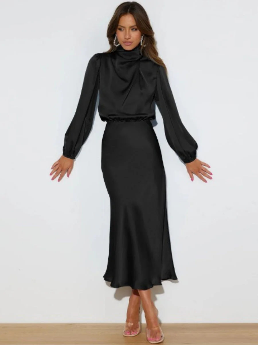 Satin Long Sleeve Zipper Solid Color Maxi Dresses - Image 12
