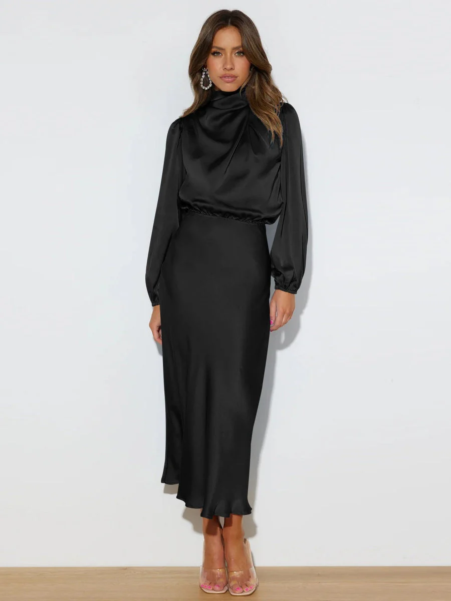 Satin Long Sleeve Zipper Solid Color Maxi Dresses - Image 13