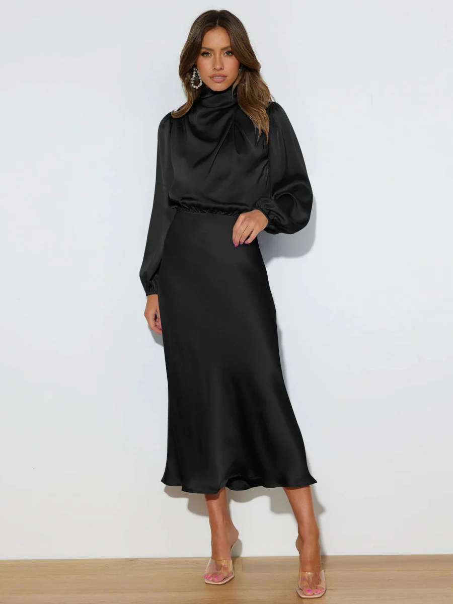 Satin Long Sleeve Zipper Solid Color Maxi Dresses - Image 14